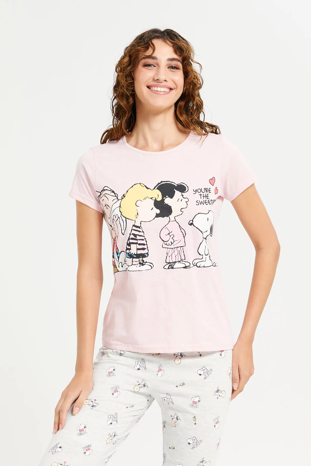 Women Pink And Grey Snoopy Pajama Set (2 Piece)