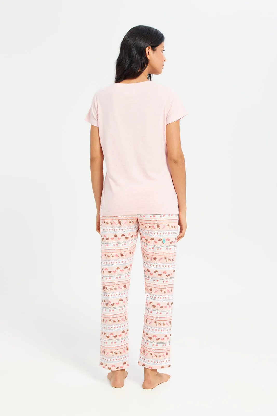 Women Pink Printed Round Neck Pyjama Set (2 Piece)