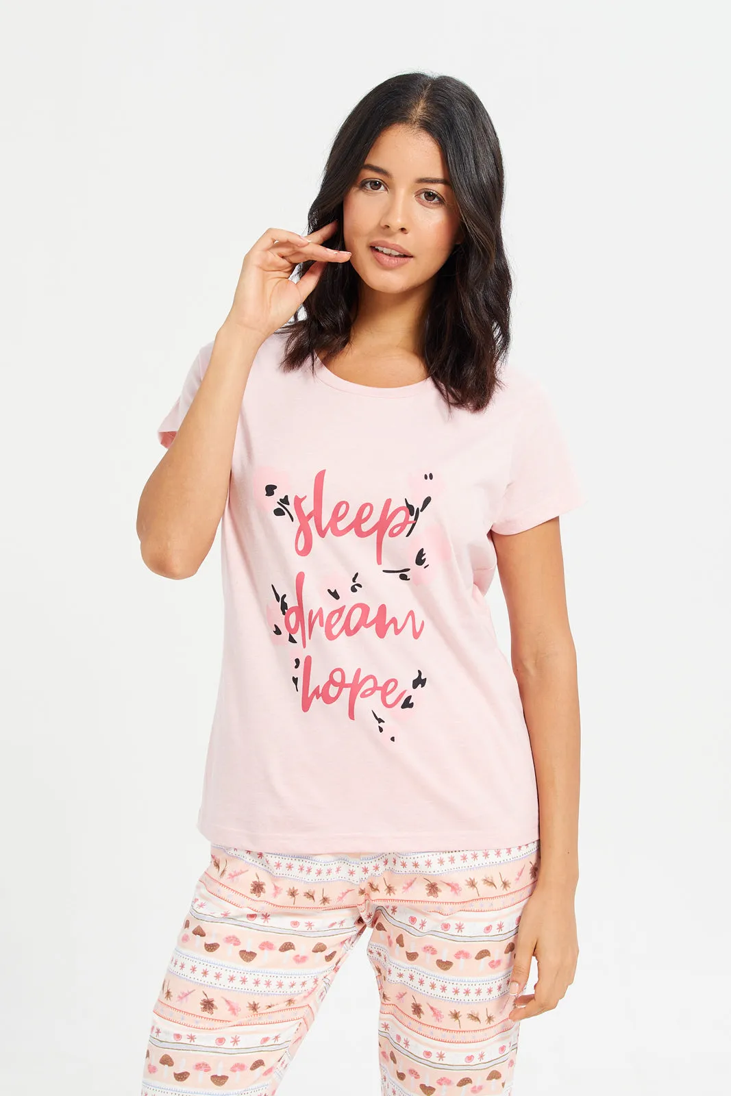 Women Pink Printed Round Neck Pyjama Set (2 Piece)