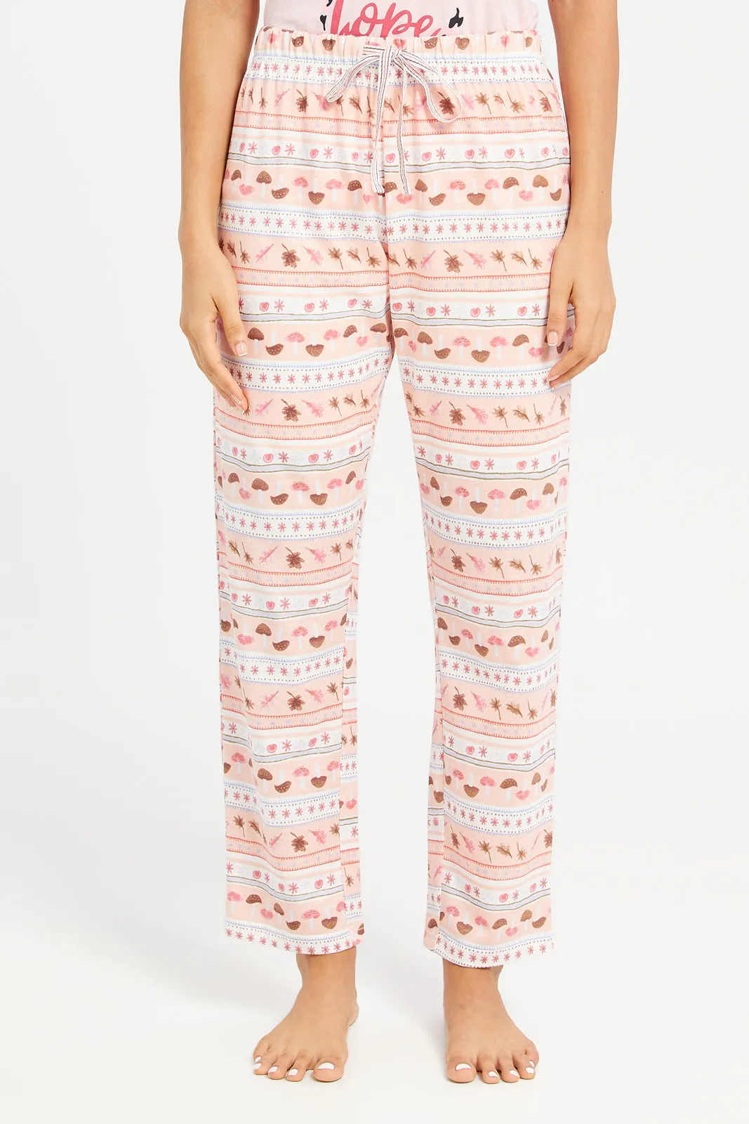 Women Pink Printed Round Neck Pyjama Set (2 Piece)