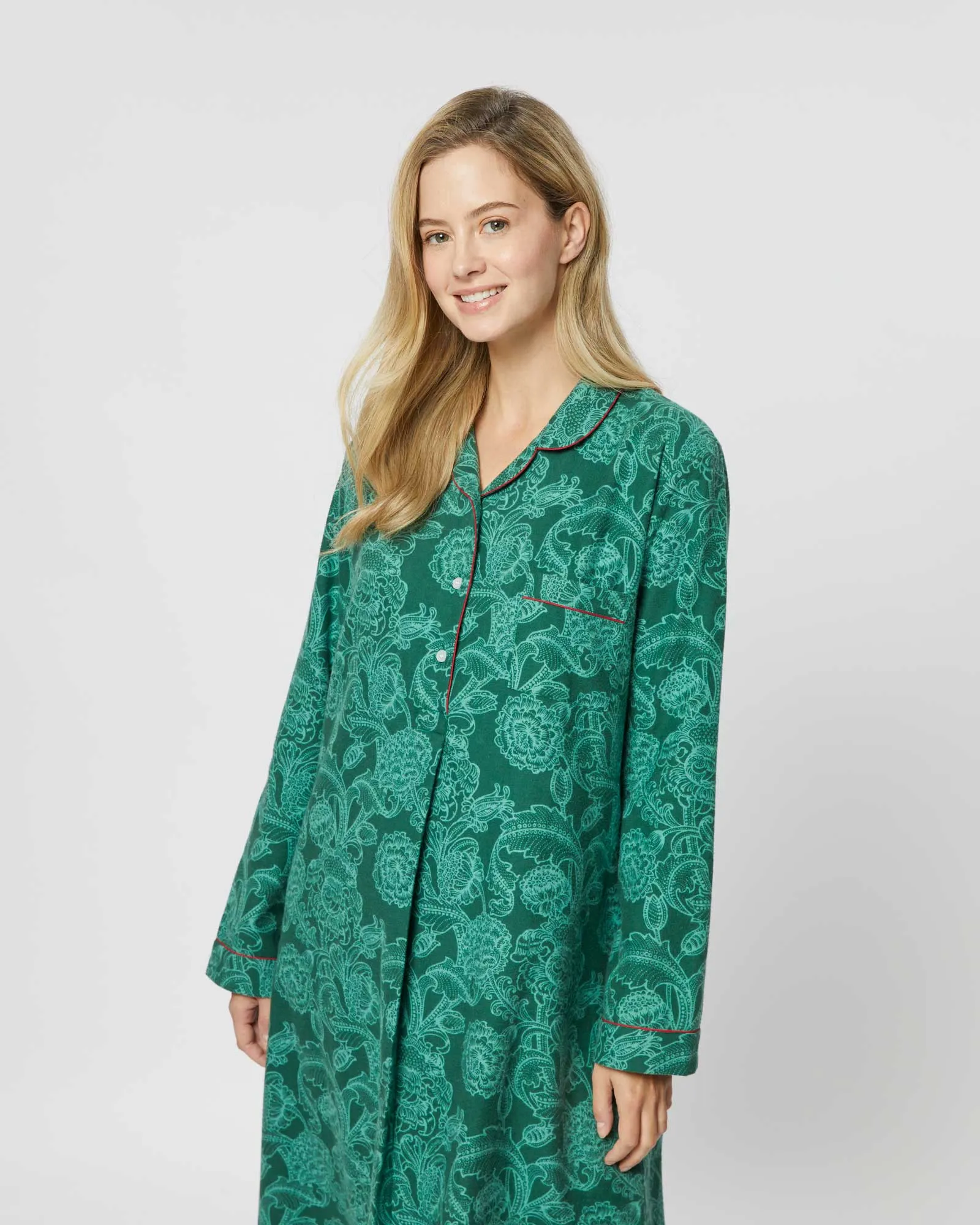 Women's Brushed Cotton Nightshirt - Paisley Flower Green