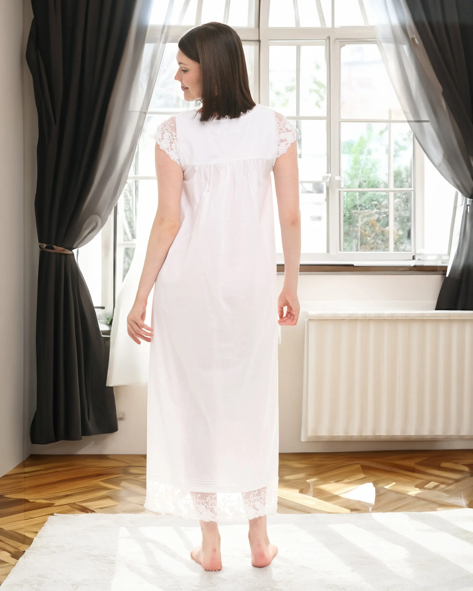 Women's Cotton Lace Trim NightGown , Short Sleeve Button Up Long Vintage Night Dress Gown