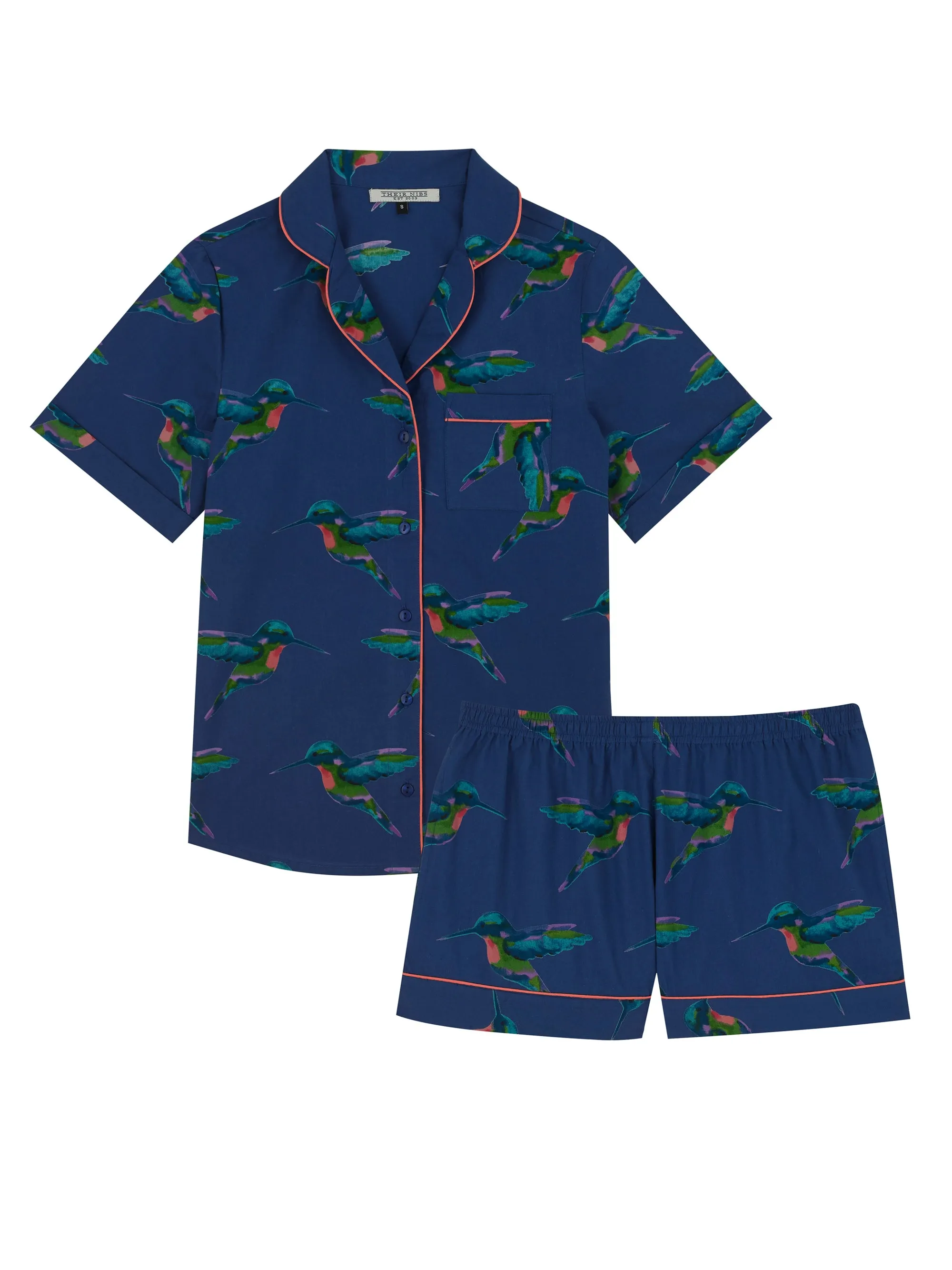 Womens Cotton Shortie Pyjamas Navy Hummingbird