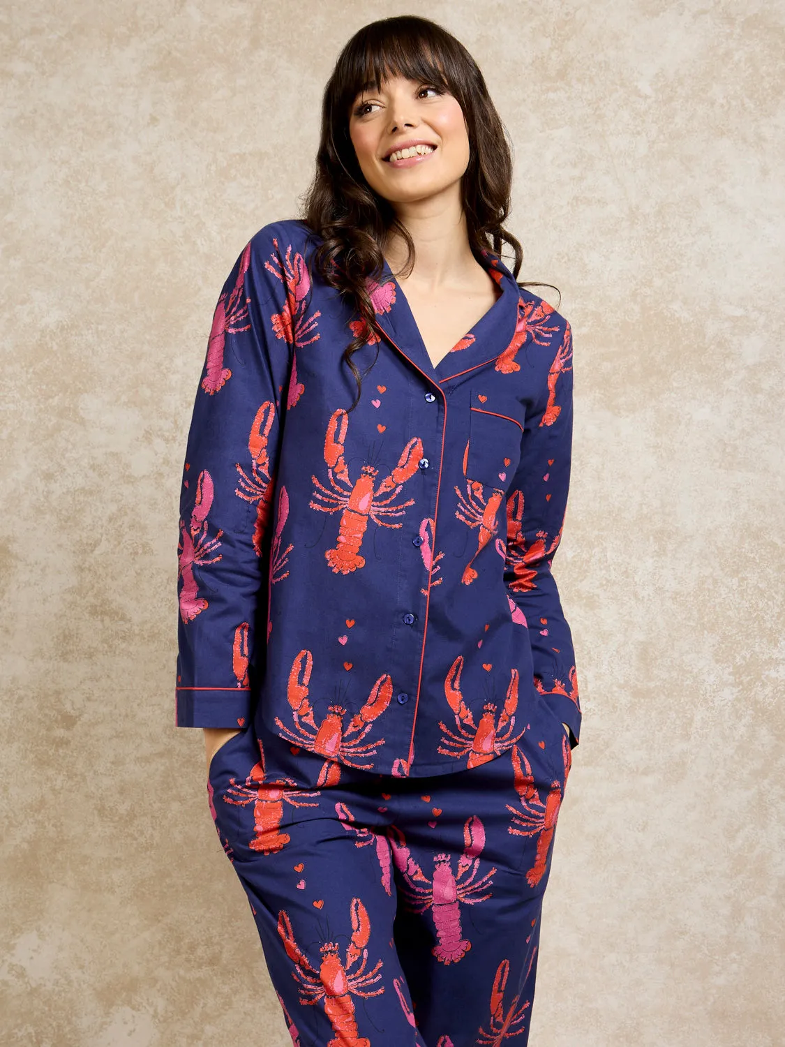 Womens Cotton Traditional Pyjamas Navy Lobster