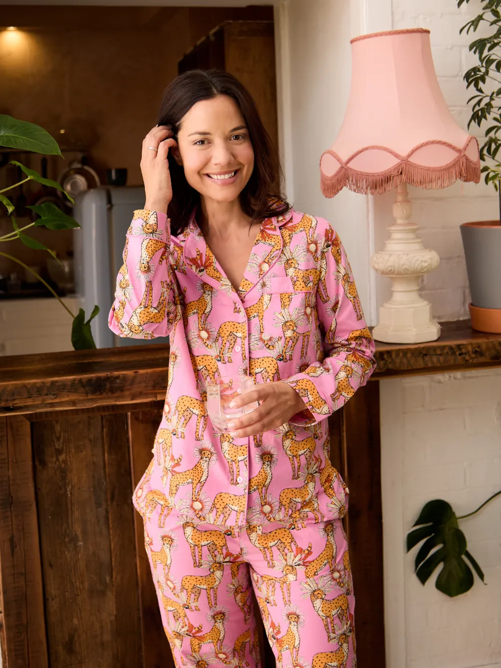 Womens Cotton Traditional Pyjamas Pink Untamed Cheetah