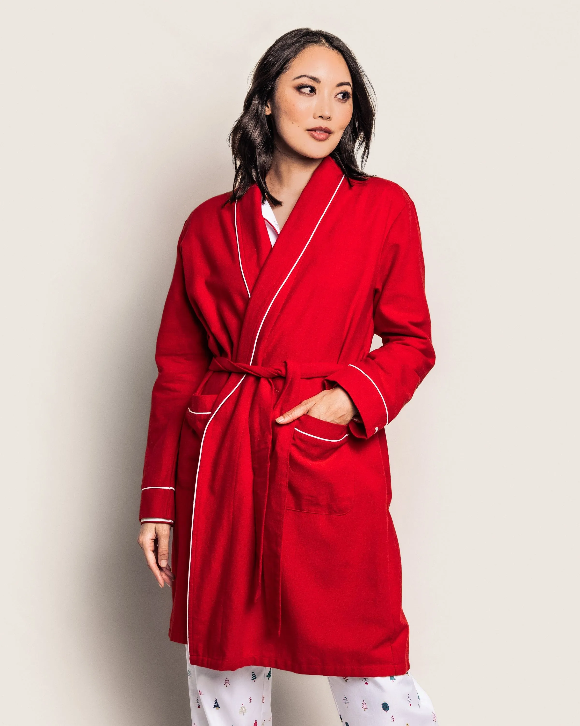 Women's Flannel Robe | Red with White Piping