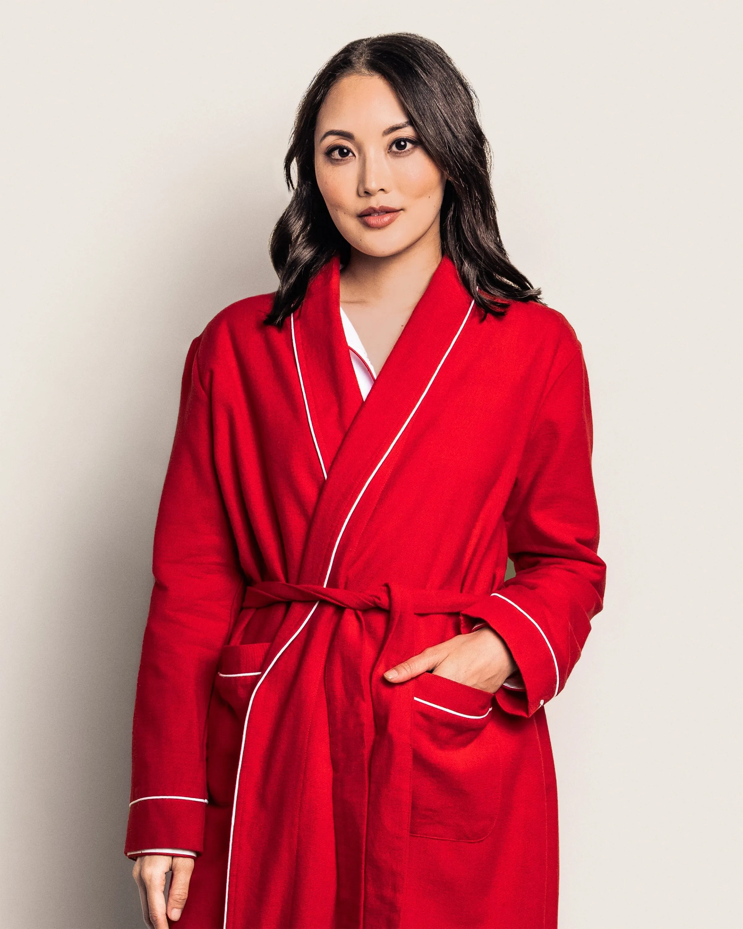 Women's Flannel Robe | Red with White Piping