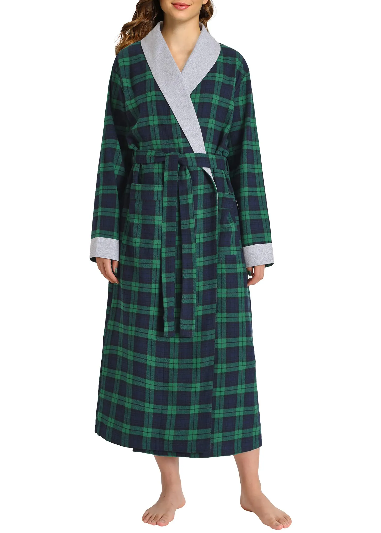 Women's Plaid Flannel Robe Long Cotton Bathrobe with Pockets