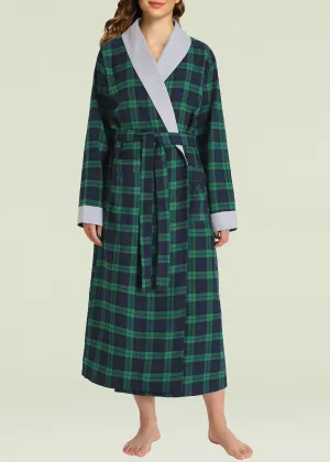 Women's Plaid Flannel Robe Long Cotton Bathrobe with Pockets