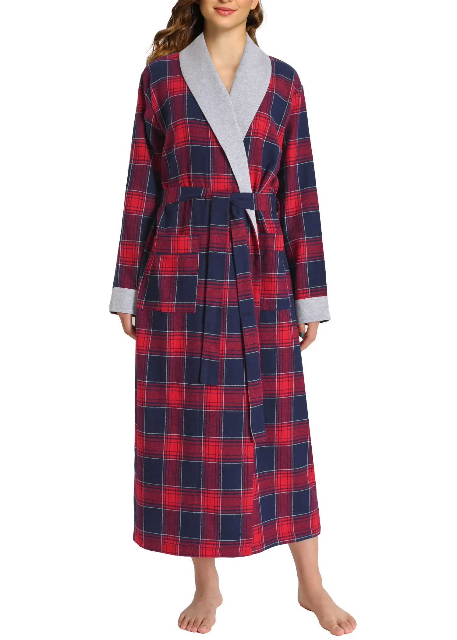 Women's Plaid Flannel Robe Long Cotton Bathrobe with Pockets