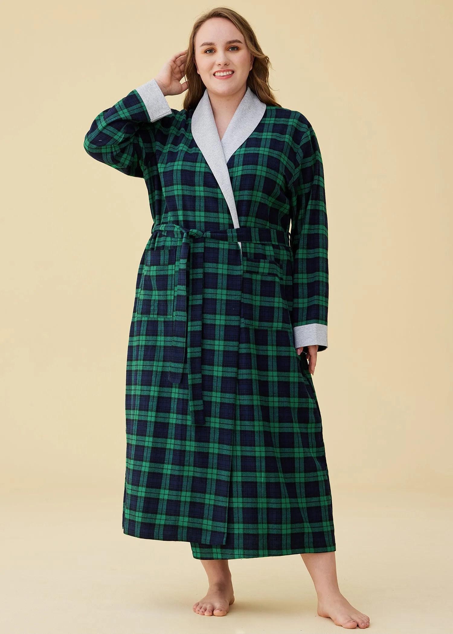 Women's Plaid Flannel Robe Long Cotton Bathrobe with Pockets