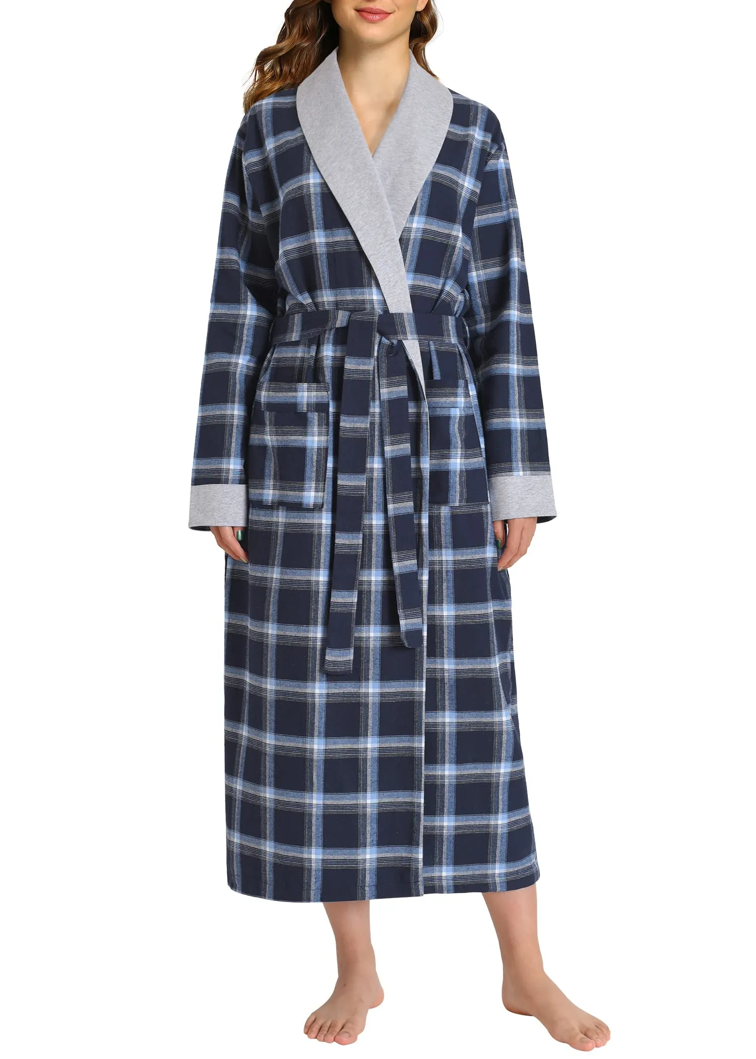 Women's Plaid Flannel Robe Long Cotton Bathrobe with Pockets