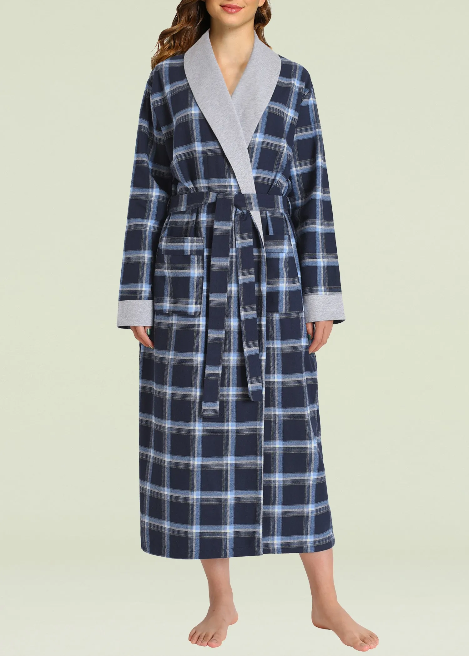 Women's Plaid Flannel Robe Long Cotton Bathrobe with Pockets