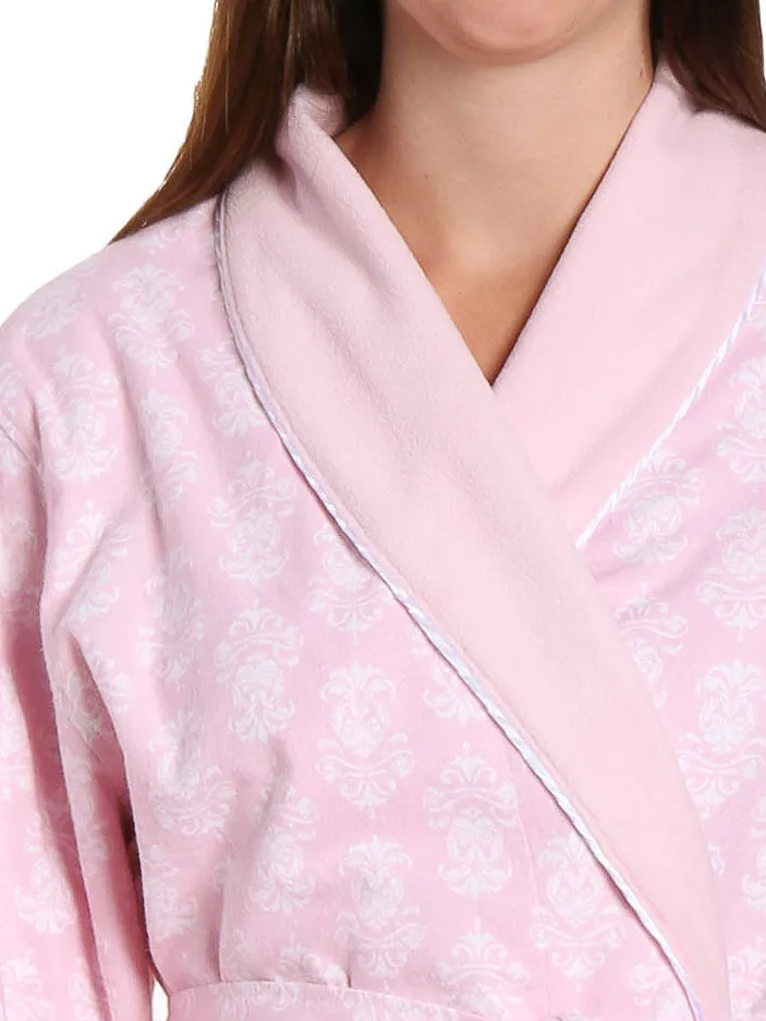 Women's Premium Flannel Fleece Lined Robe - Brocade Pink-White