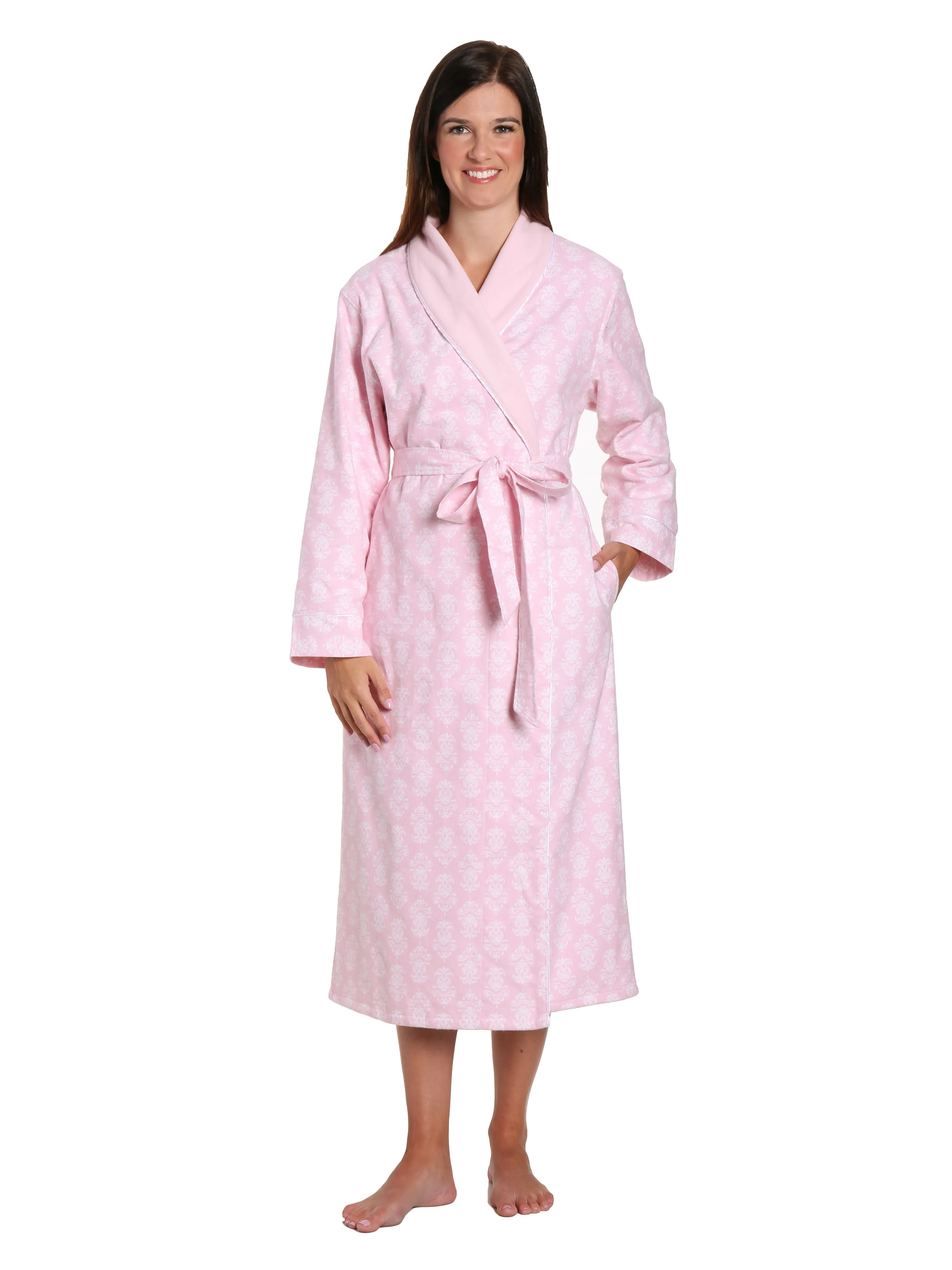 Women's Premium Flannel Fleece Lined Robe - Brocade Pink-White