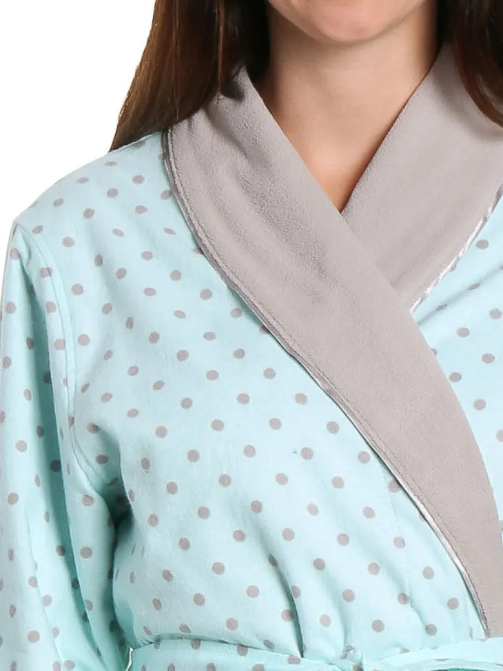 Women's Premium Flannel Fleece Lined Robe - Dots Diva Aqua-Gray