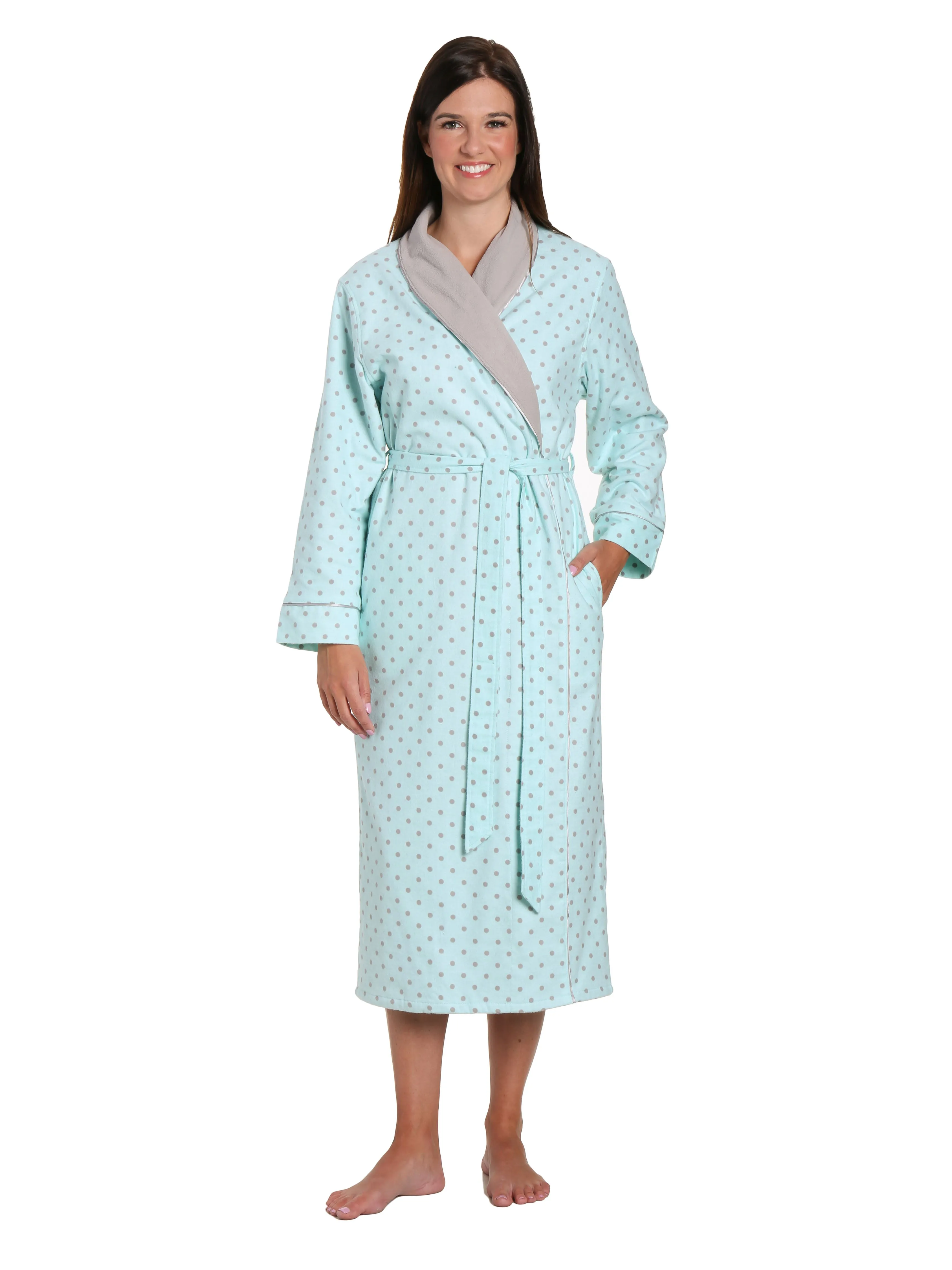 Women's Premium Flannel Fleece Lined Robe - Dots Diva Aqua-Gray