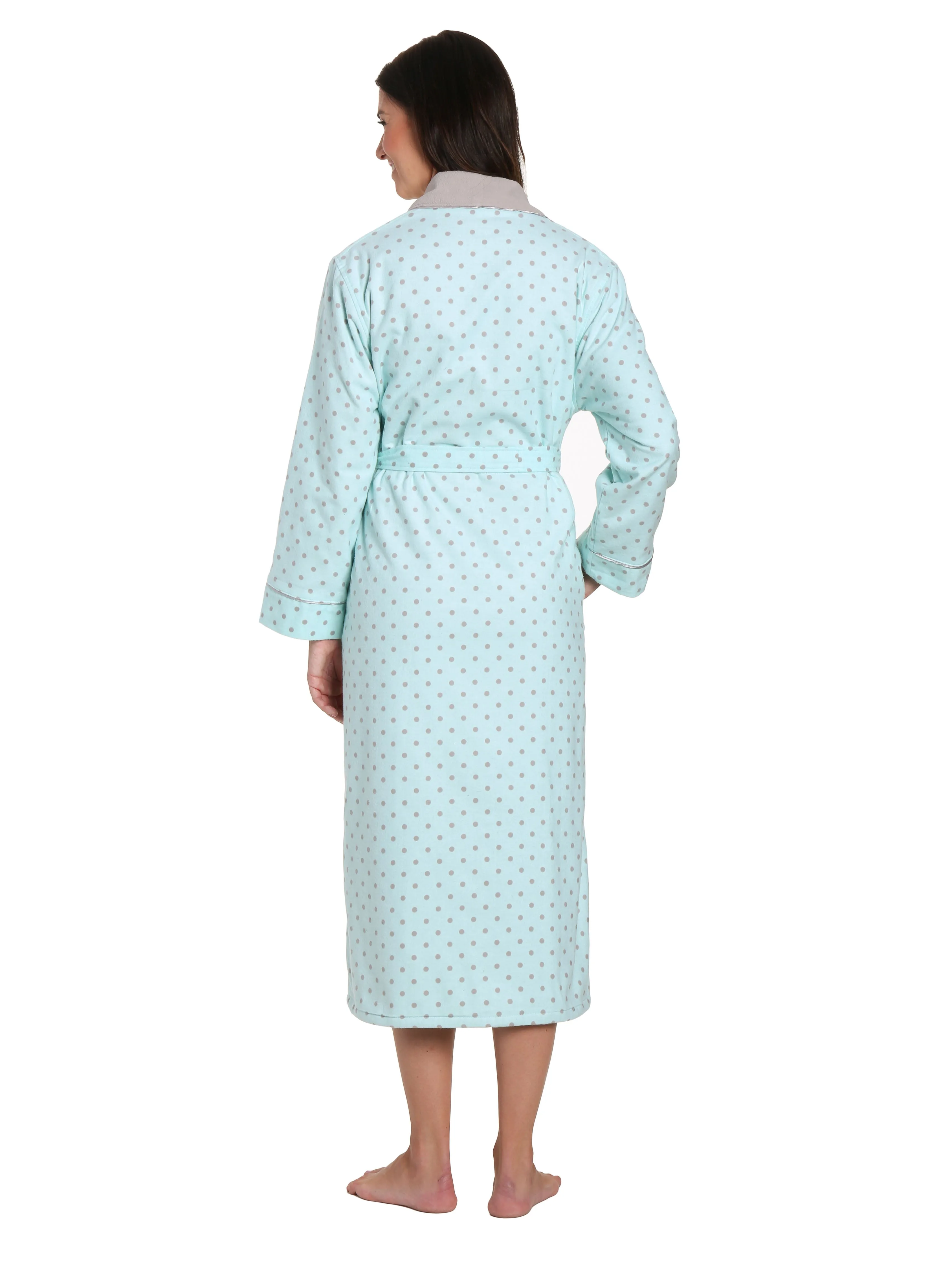 Women's Premium Flannel Fleece Lined Robe - Dots Diva Aqua-Gray