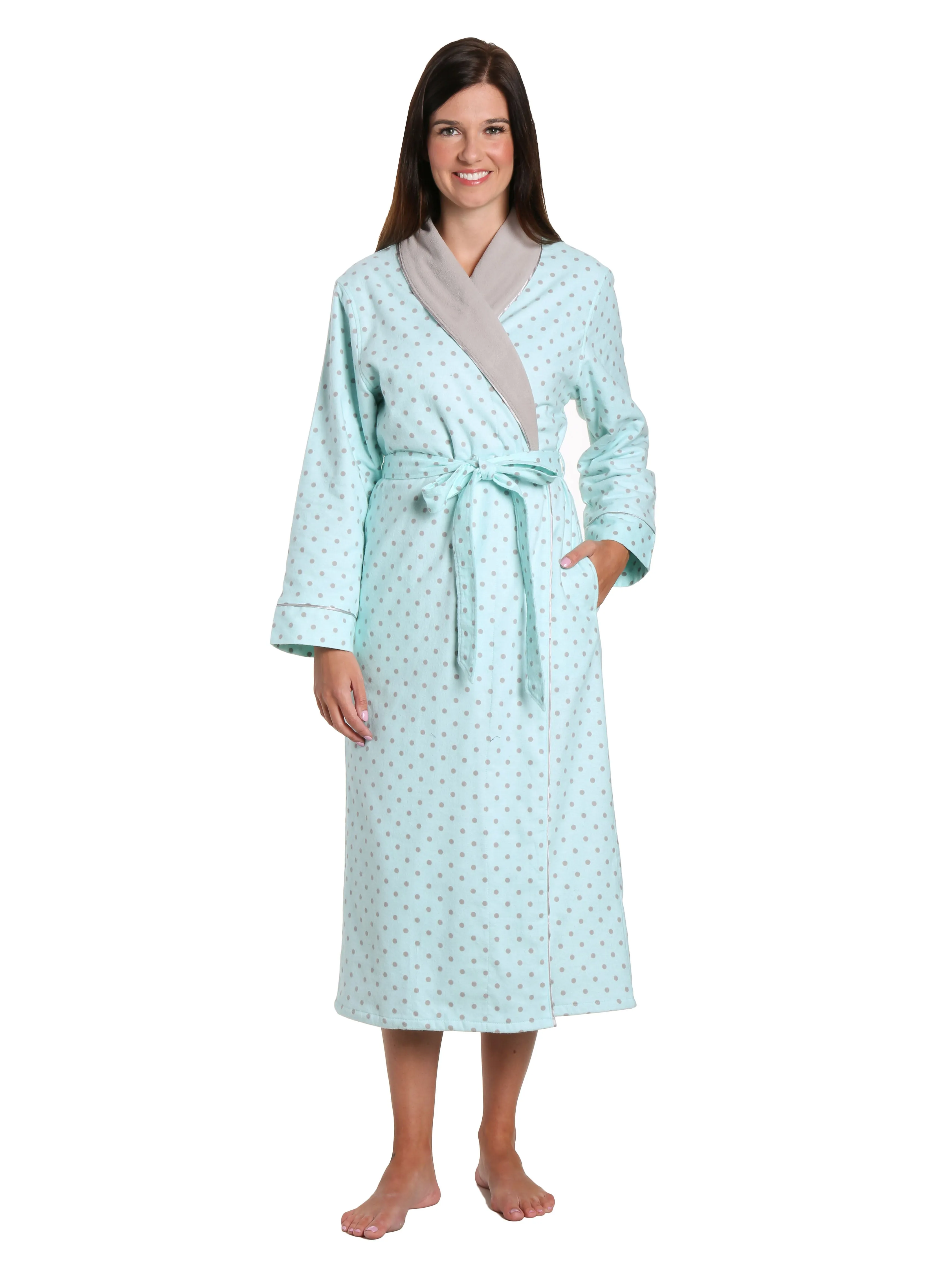 Women's Premium Flannel Fleece Lined Robe - Dots Diva Aqua-Gray