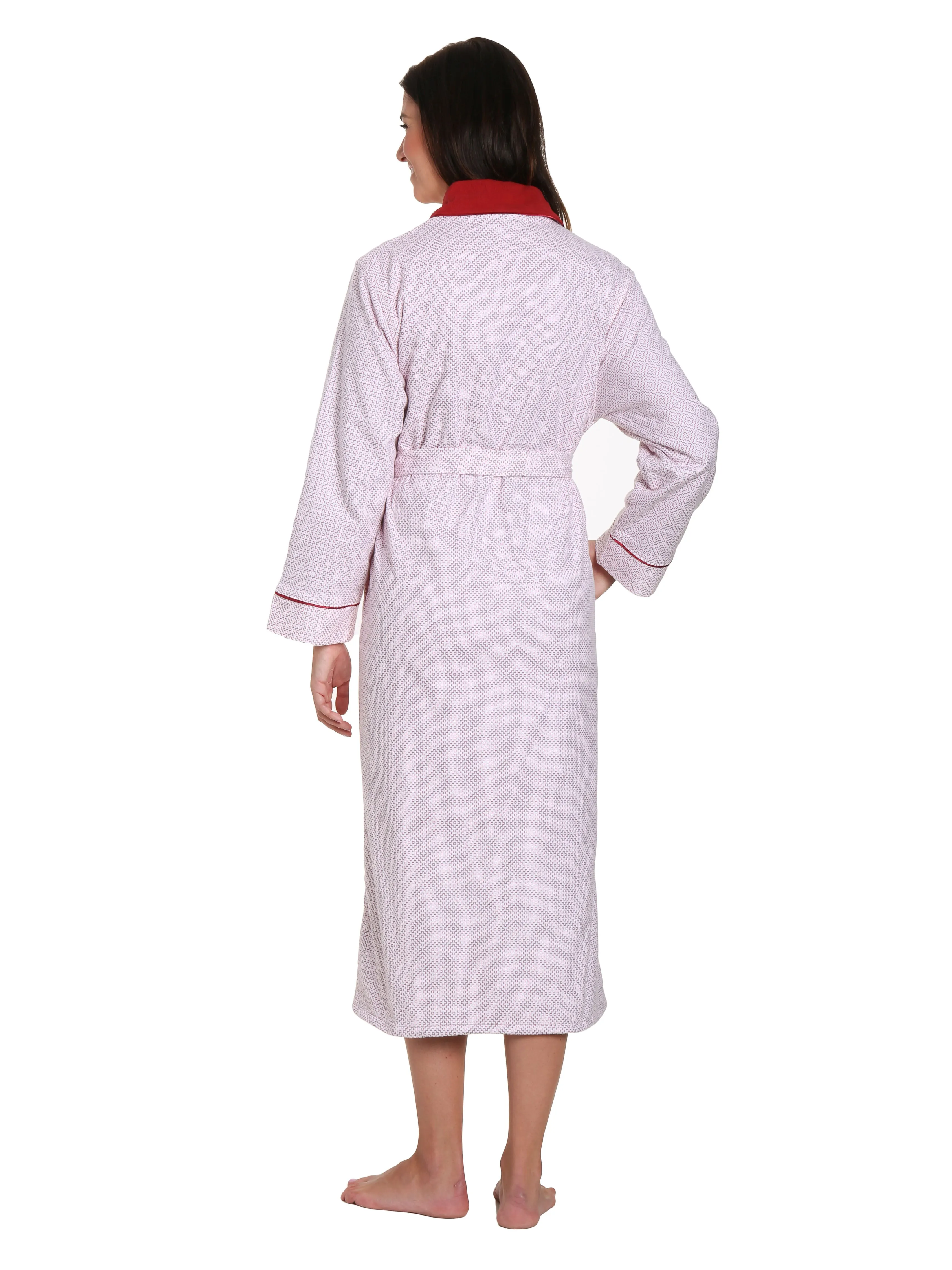 Women's Premium Flannel Fleece Lined Robe - Geo Mosaic White-Red