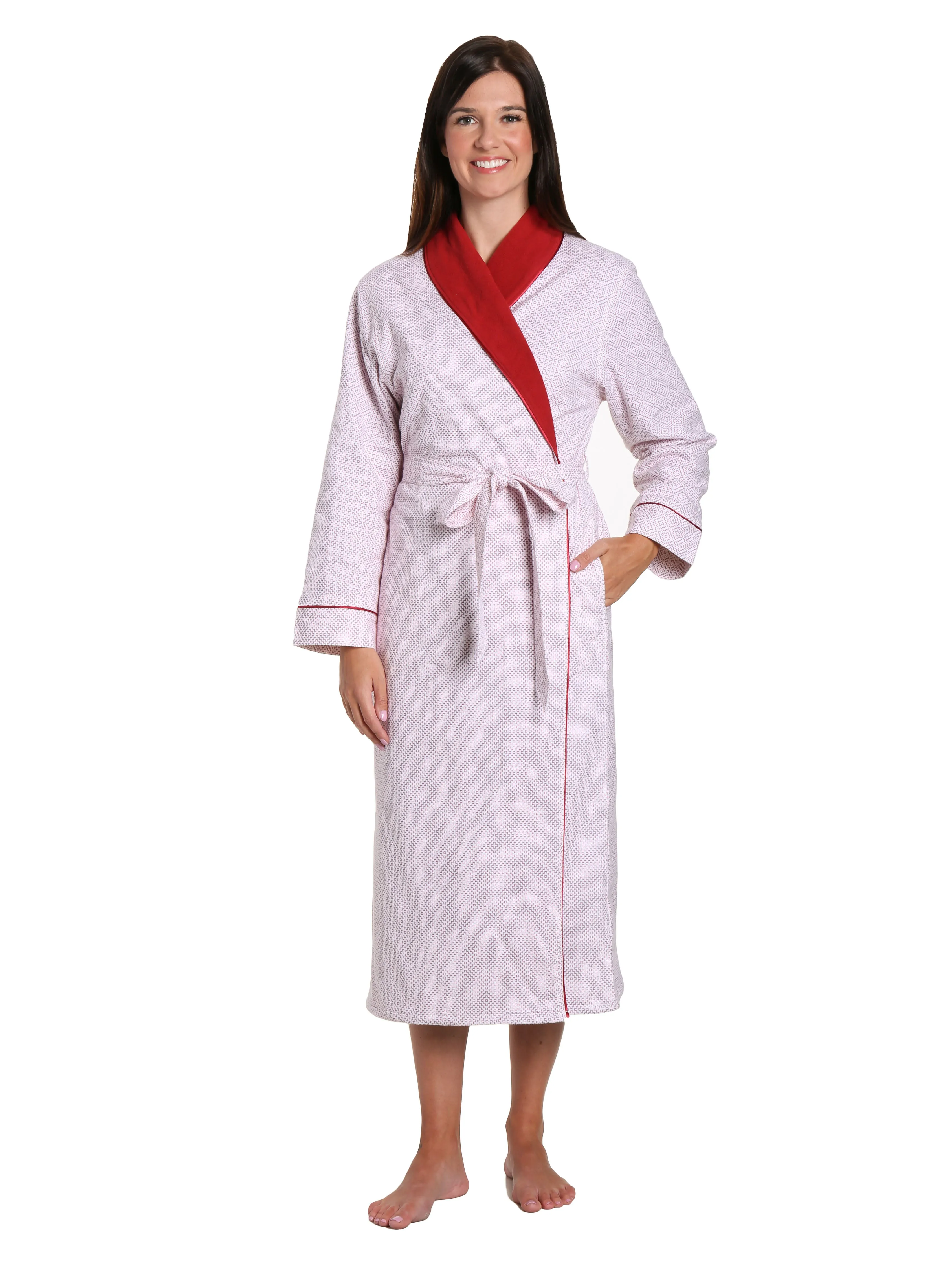 Women's Premium Flannel Fleece Lined Robe - Geo Mosaic White-Red