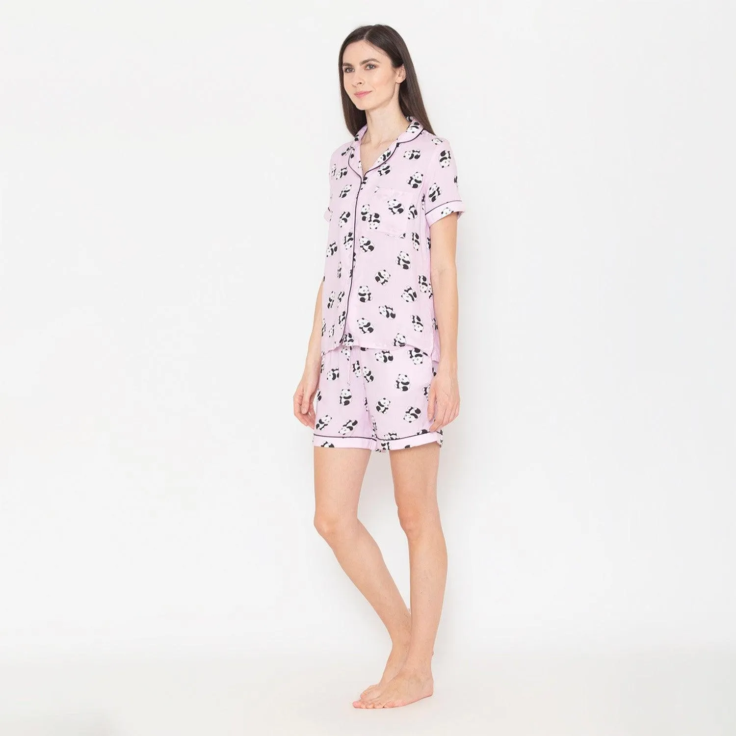 Women's Printed Night Suit Set of Shirt & Shorts - Pink