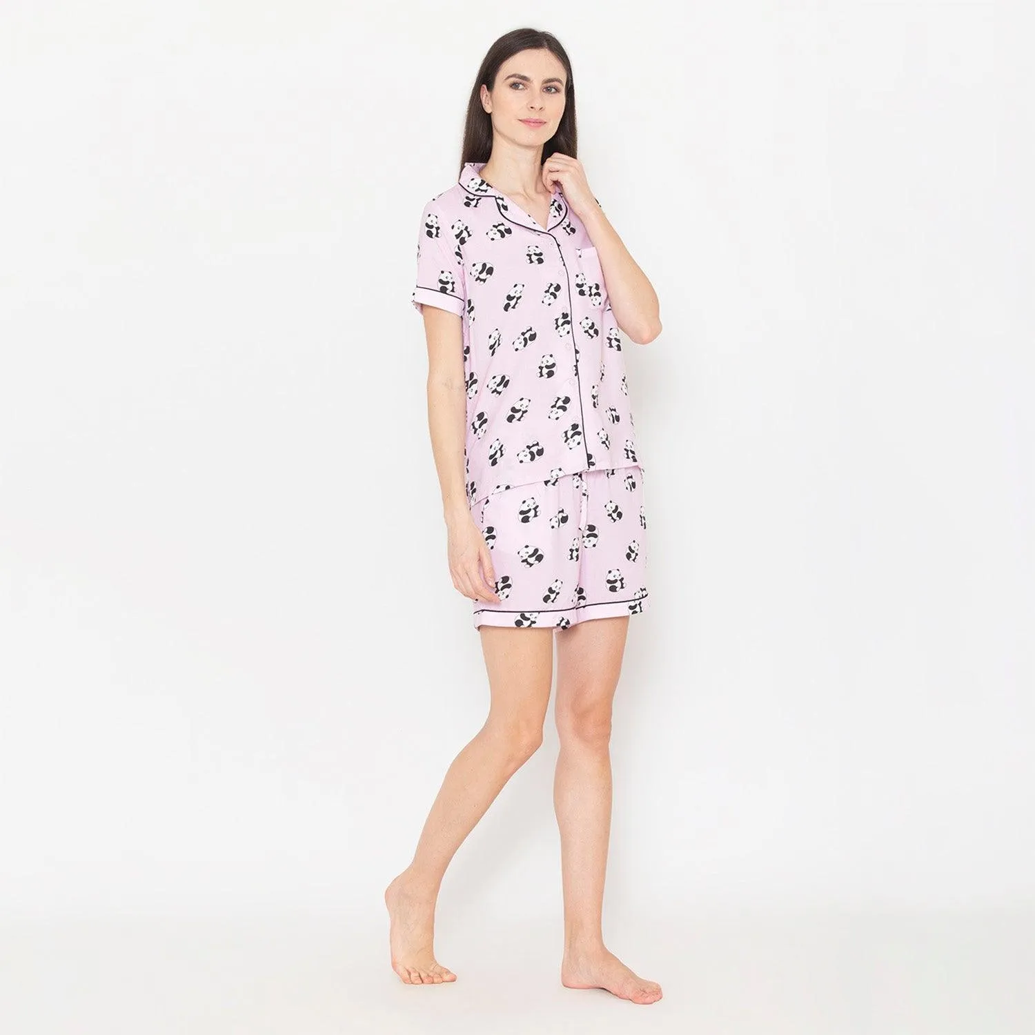 Women's Printed Night Suit Set of Shirt & Shorts - Pink