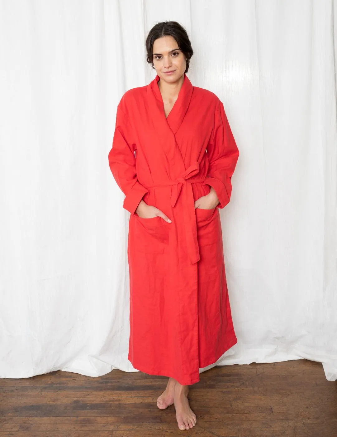 Women's Red Solid Color Flannel Robe