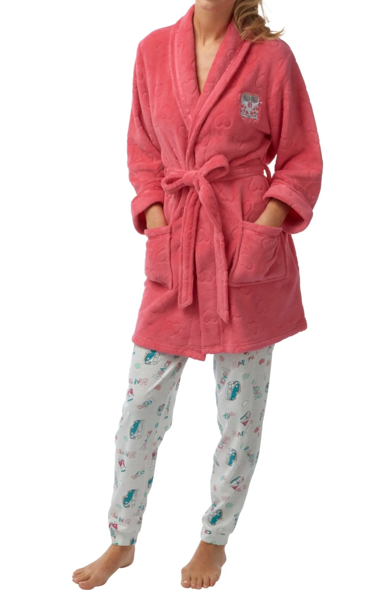 Womens Soft Fleece Short Length Dressing Gowns Coral and Ivory