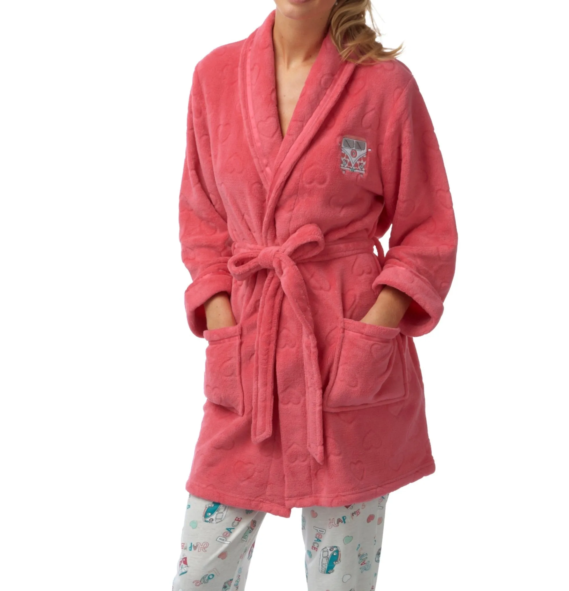 Womens Soft Fleece Short Length Dressing Gowns Coral and Ivory