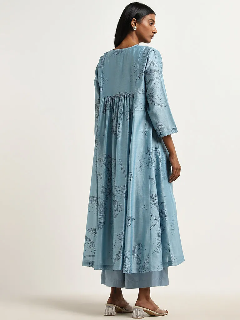 Zuba Dusty Blue Flower Fit-and-Flare Kurta with Camisole