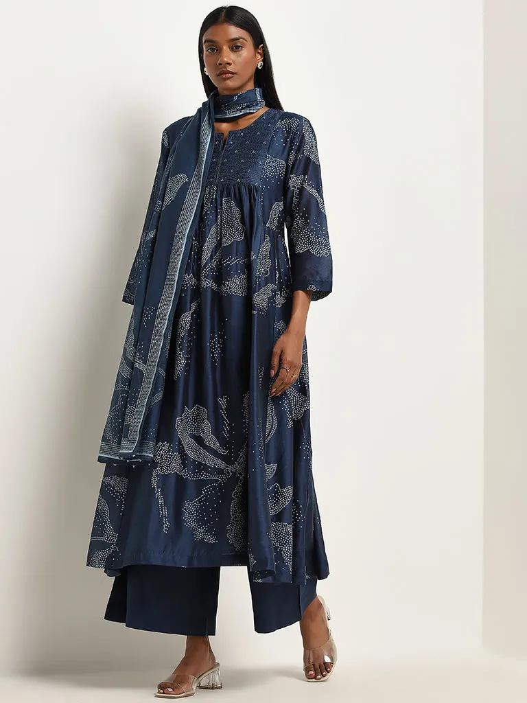 Zuba Indigo Flower Fit-and-Flare Kurta with Camisole